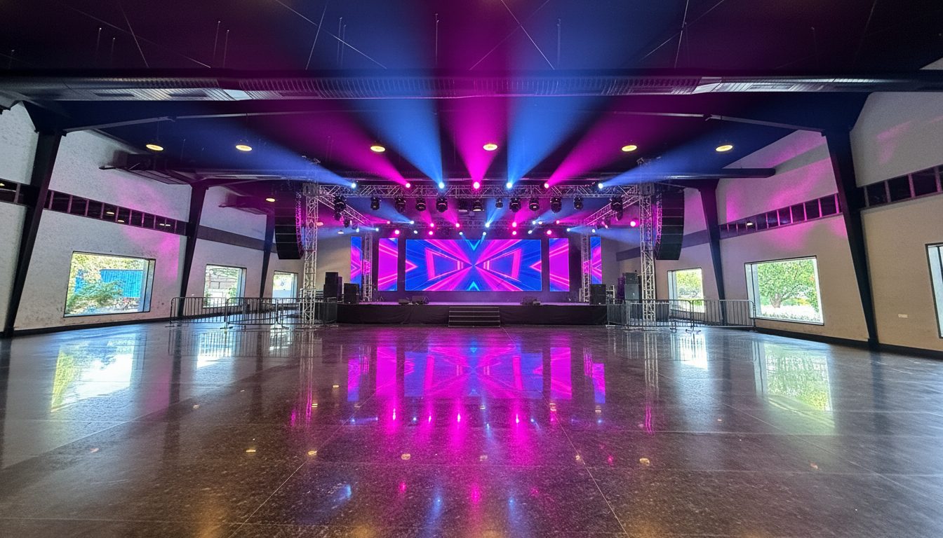 AI visualisation: the hall set for a concert, an empty polished granite floor facing a screen stage flanked by lighting trusses in magenta and blue