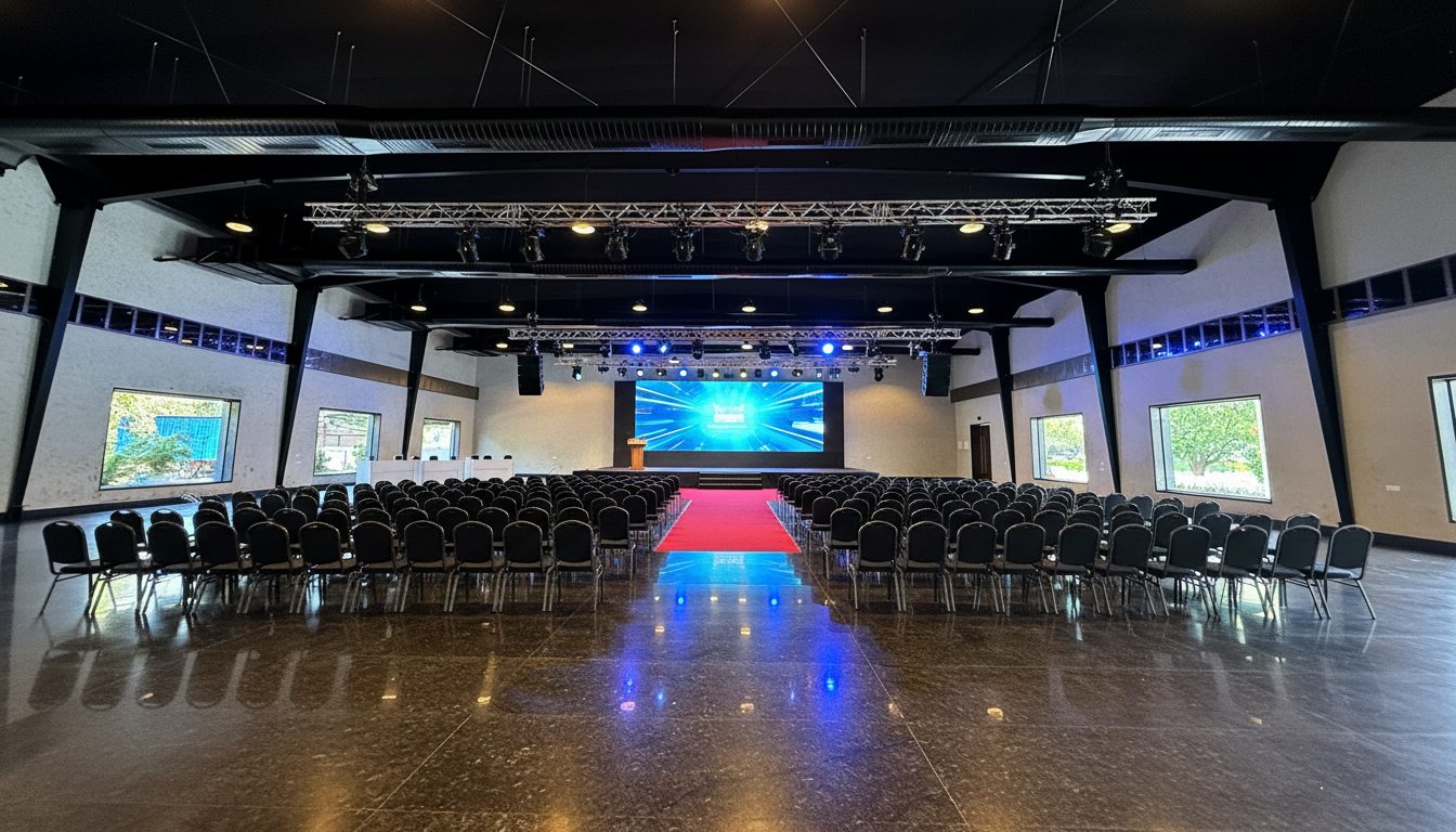 AI visualisation: the hall set for a conference, banquet chairs in rows either side of a red aisle carpet facing a lit screen and lectern, lighting truss slung under the black steel roof