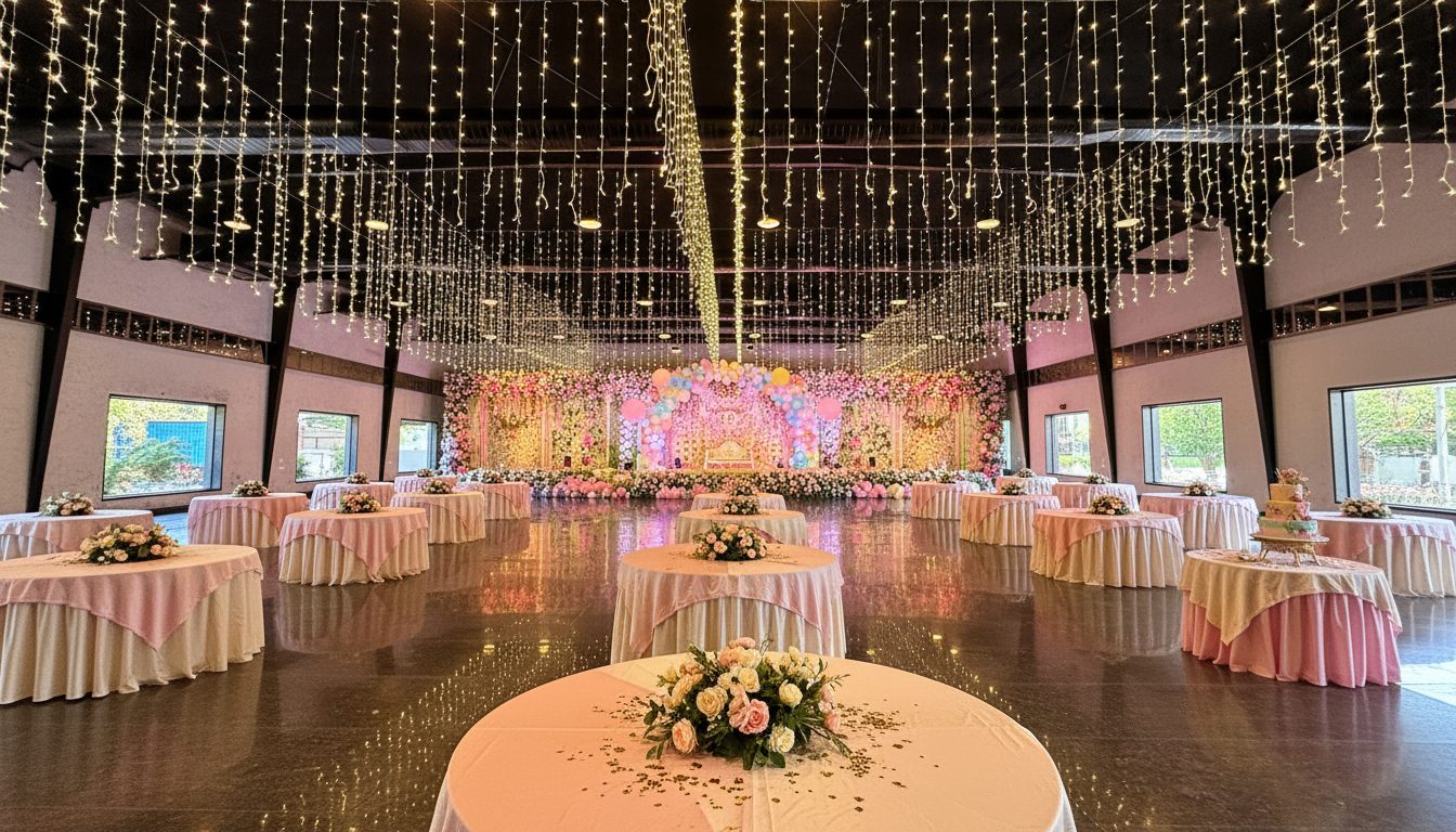 AI visualisation: the hall set for a half-saree ceremony, round tables in pink and cream with floral centrepieces under curtains of fairy lights, a flower-covered stage at the far end